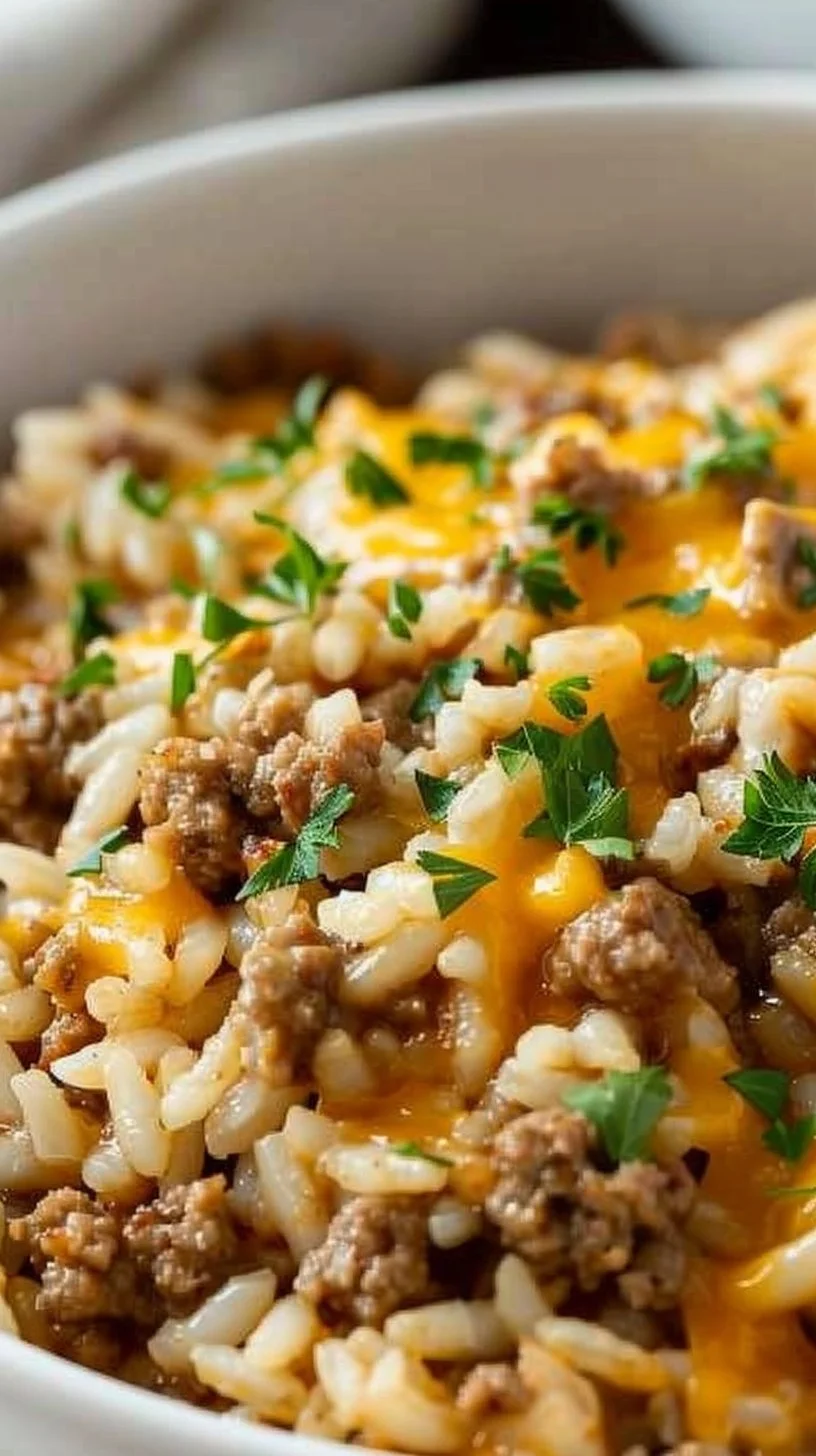Deliciously cheesy ground beef and rice casserole in a baking dish