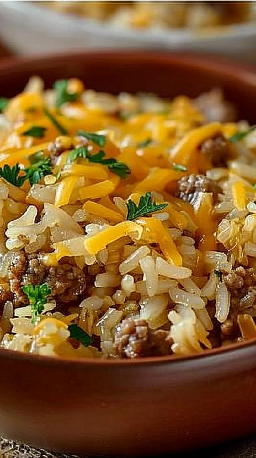 Cheesy Hamburger Rice Casserole served in a baking dish, garnished with herbs.