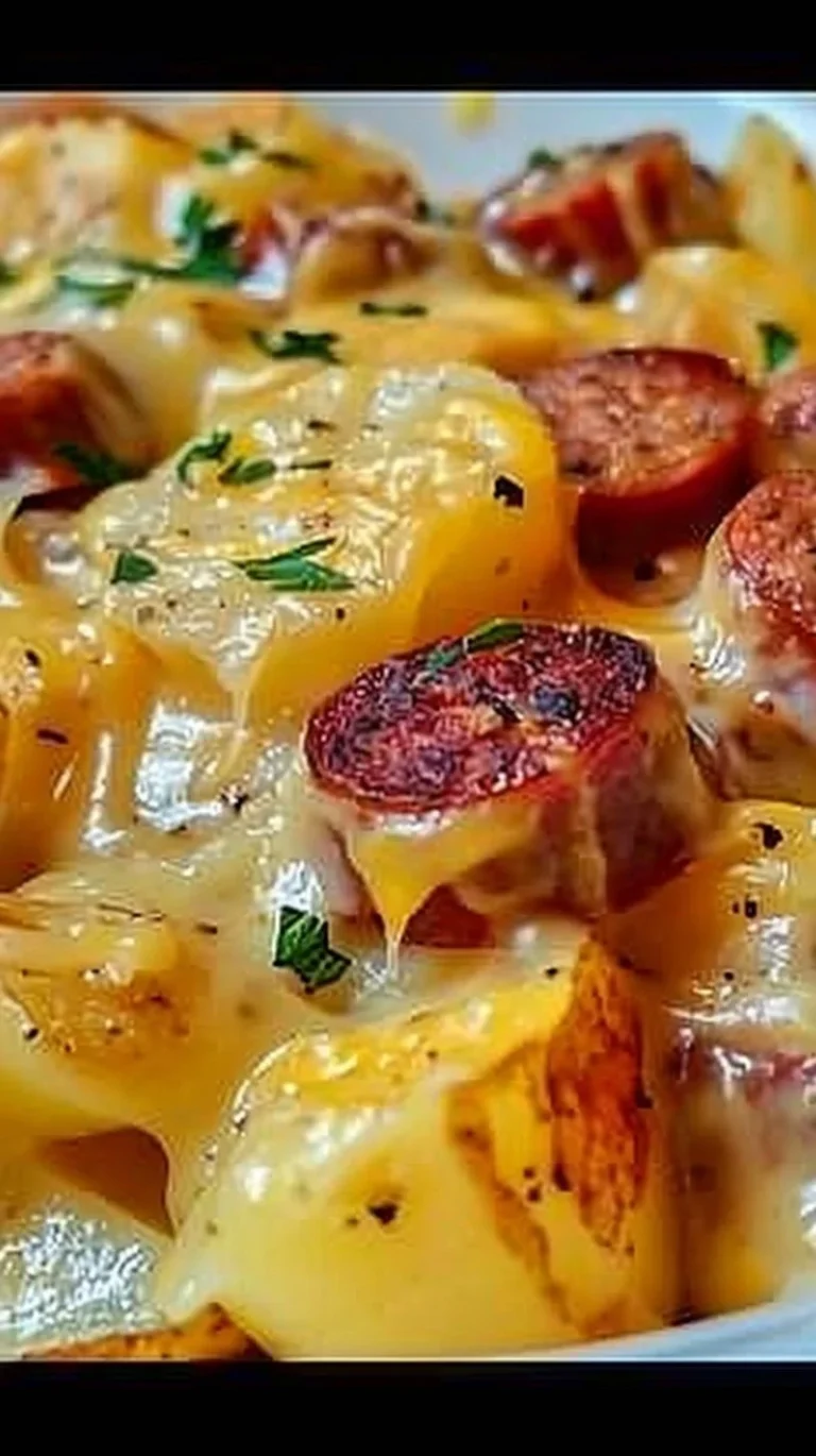 Baked cheesy ranch potatoes with smoked sausage on a plate
