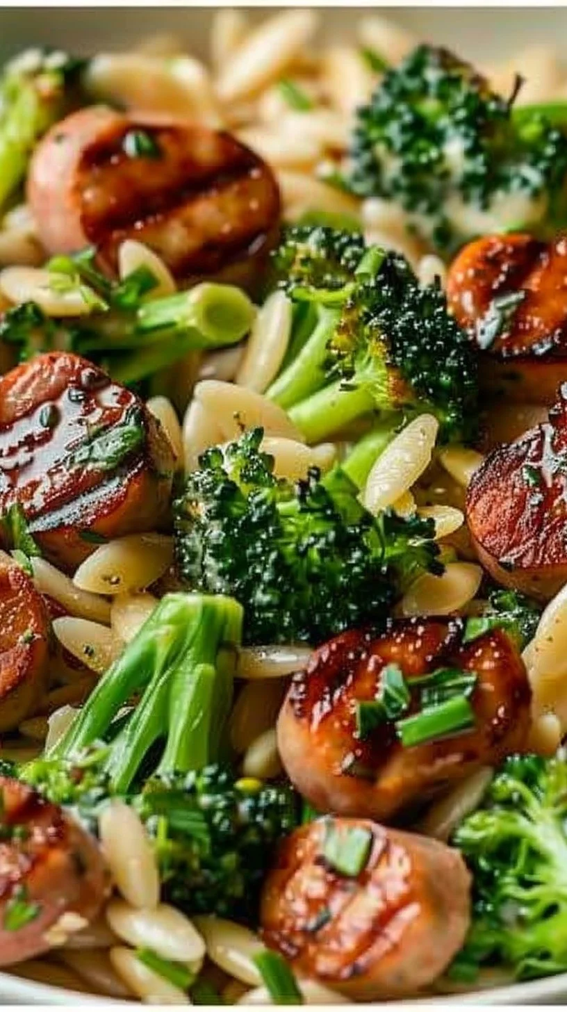 Chicken Sausage and Broccoli Orzo dish served in a bowl