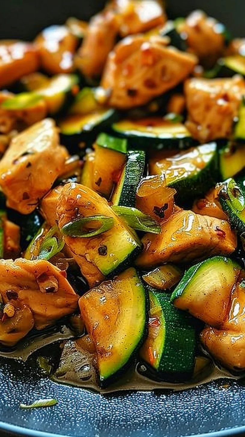Colorful Chicken Zucchini Stir Fry served in a bowl with fresh vegetables