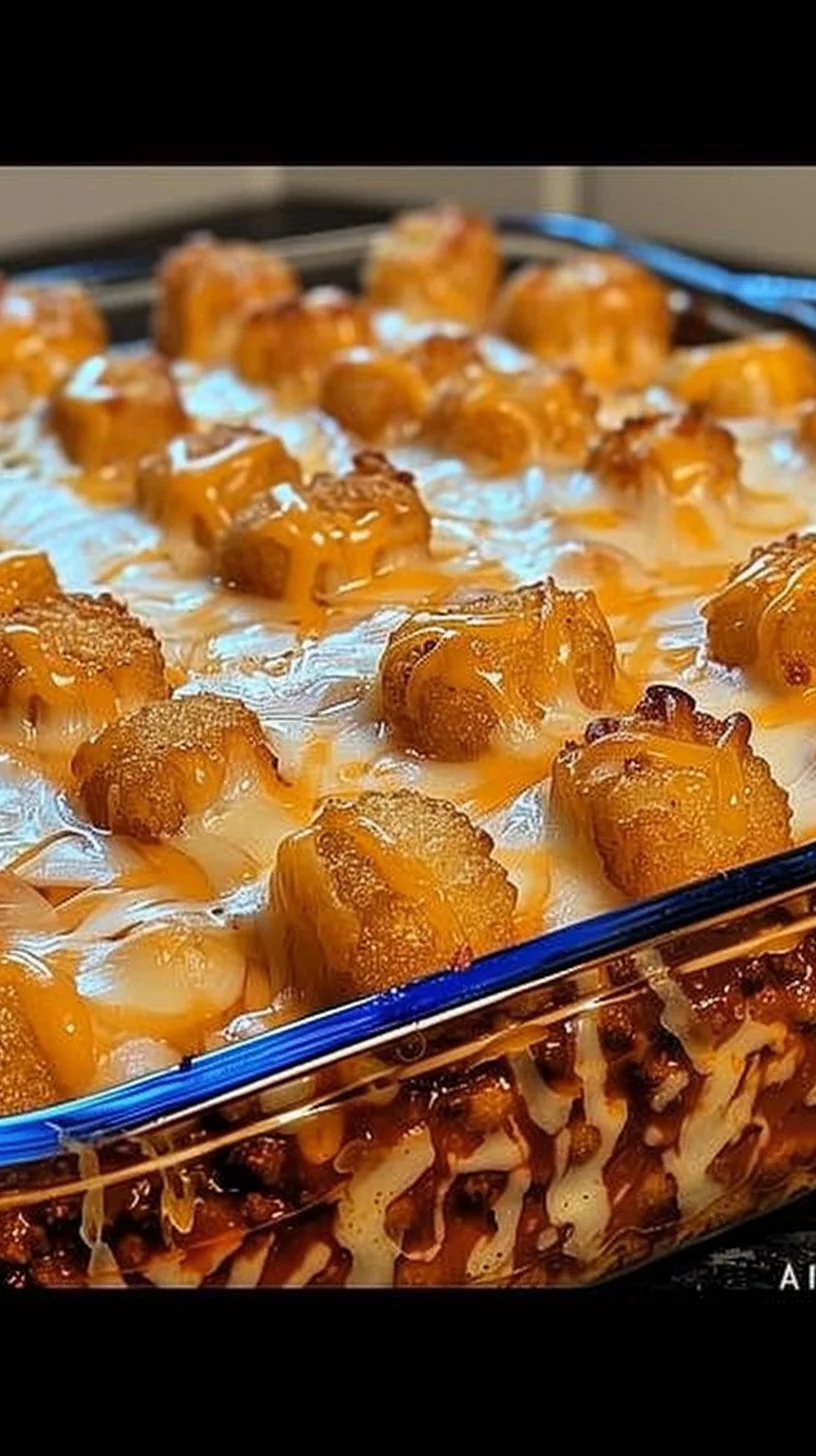 Delicious Chili Cheese Tater Tot Casserole topped with melty cheese and chili