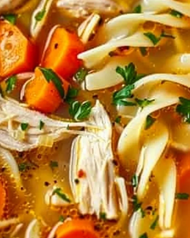 Bowl of classic chicken noodle soup with vegetables and noodles