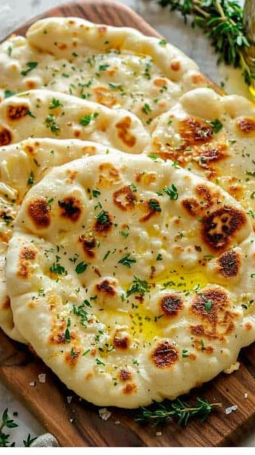 Cottage cheese flatbread with herbs and toppings on a wooden board