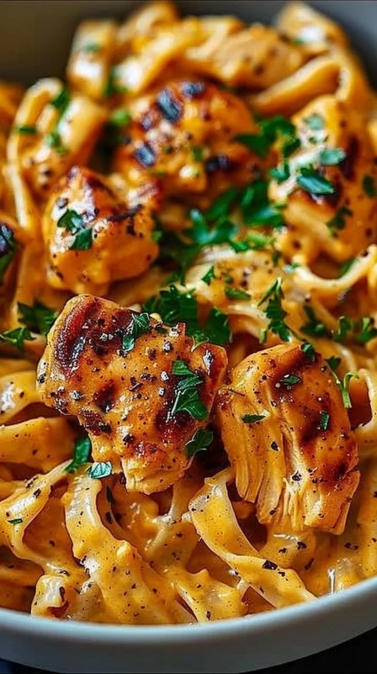 A delicious plate of Cowboy Butter Chicken Pasta topped with herbs and spices.