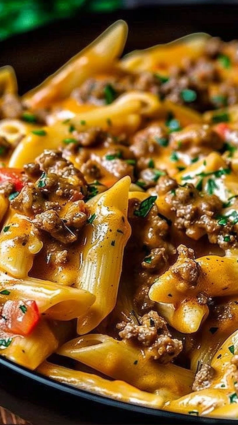Delicious creamy beef pasta served in a bowl with herbs and cheese
