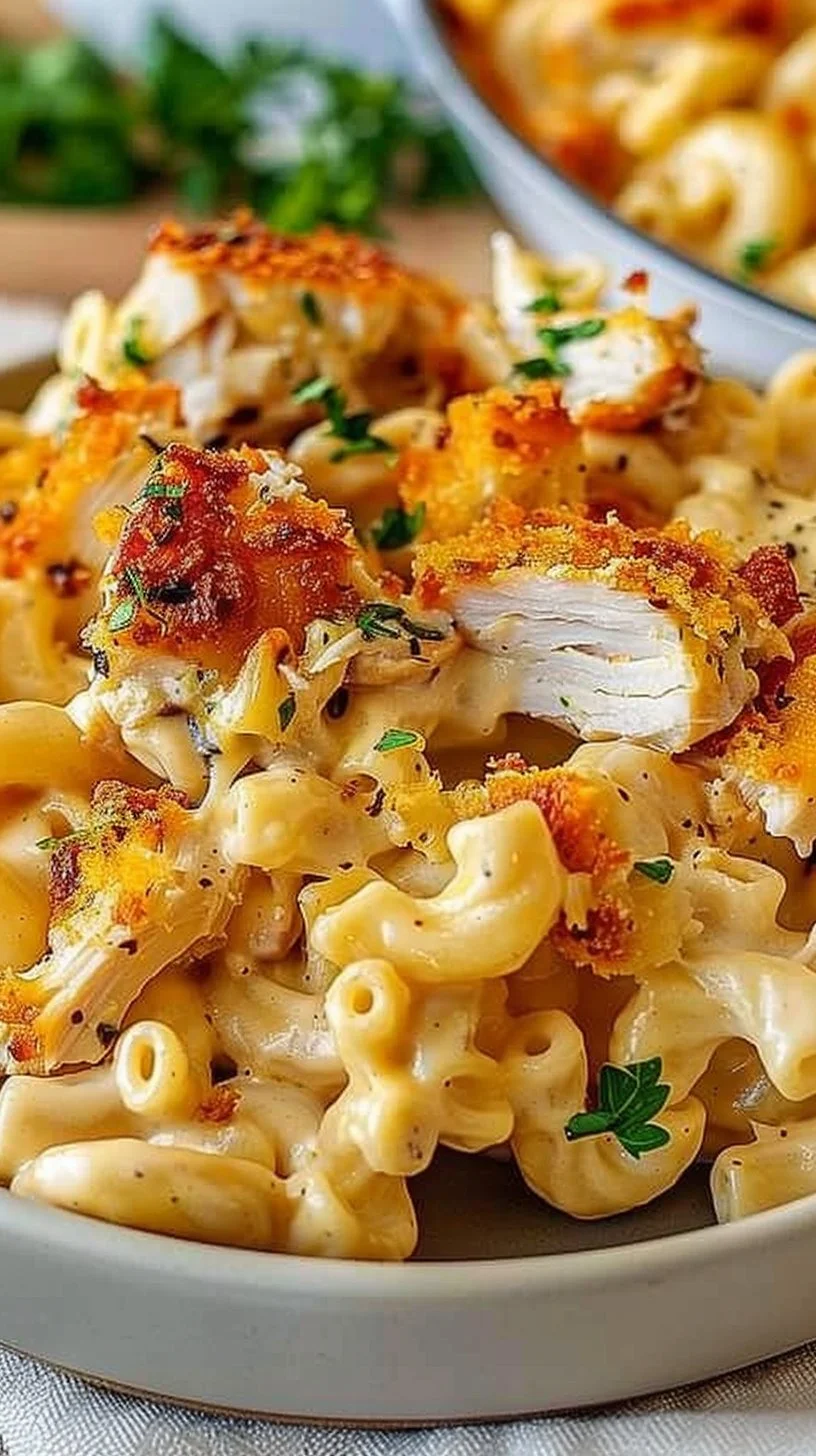 Bowl of creamy chicken mac and cheese with melted cheese and herbs