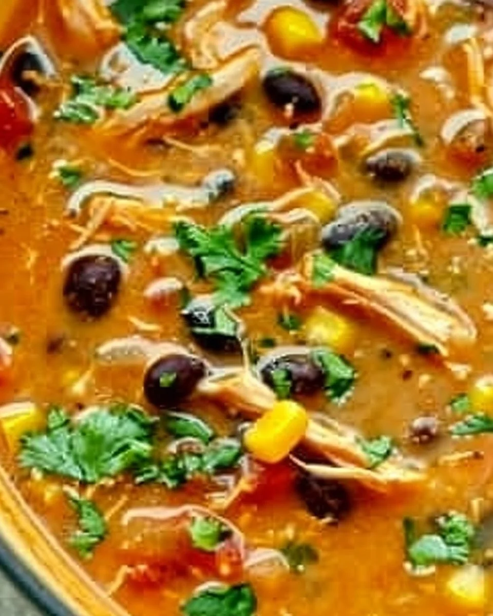 A bowl of creamy chicken tortilla soup topped with tortilla strips and fresh cilantro.