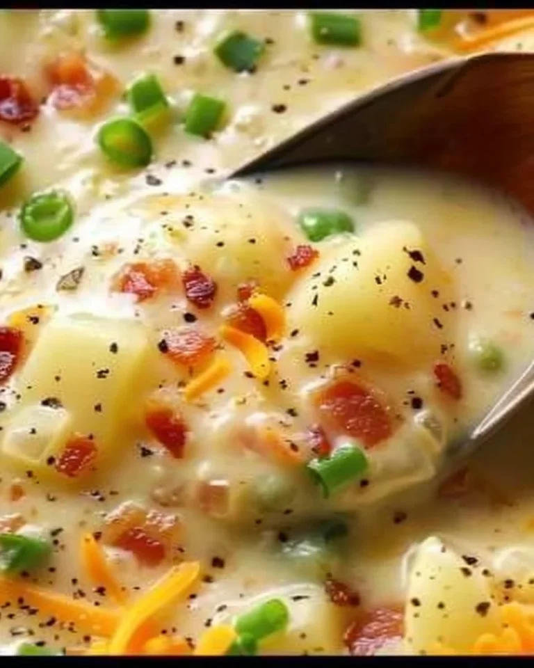 Bowl of creamy loaded potato soup garnished with green onions and bacon