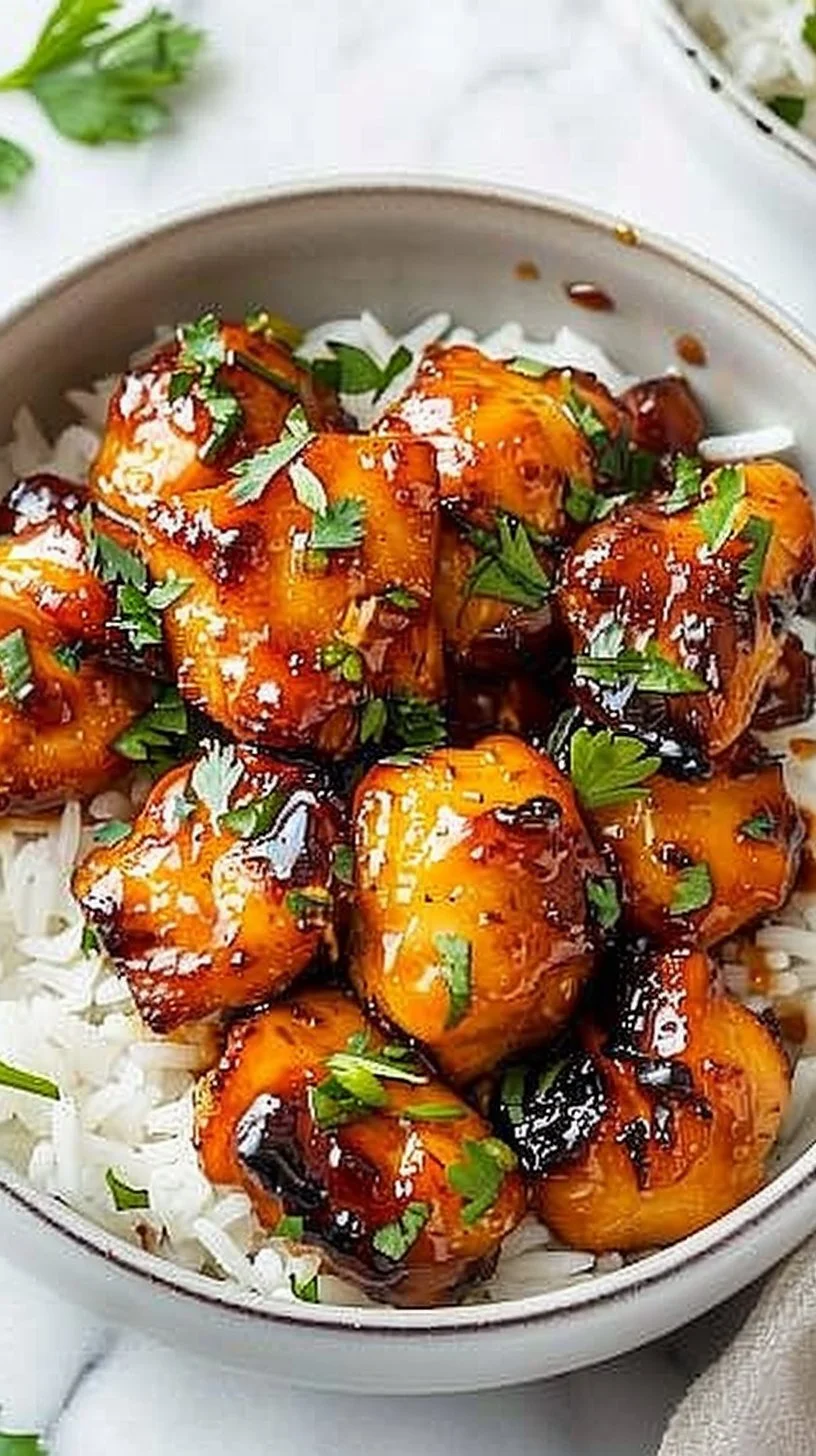 Crispy honey garlic chicken bites served on a plate topped with sesame seeds