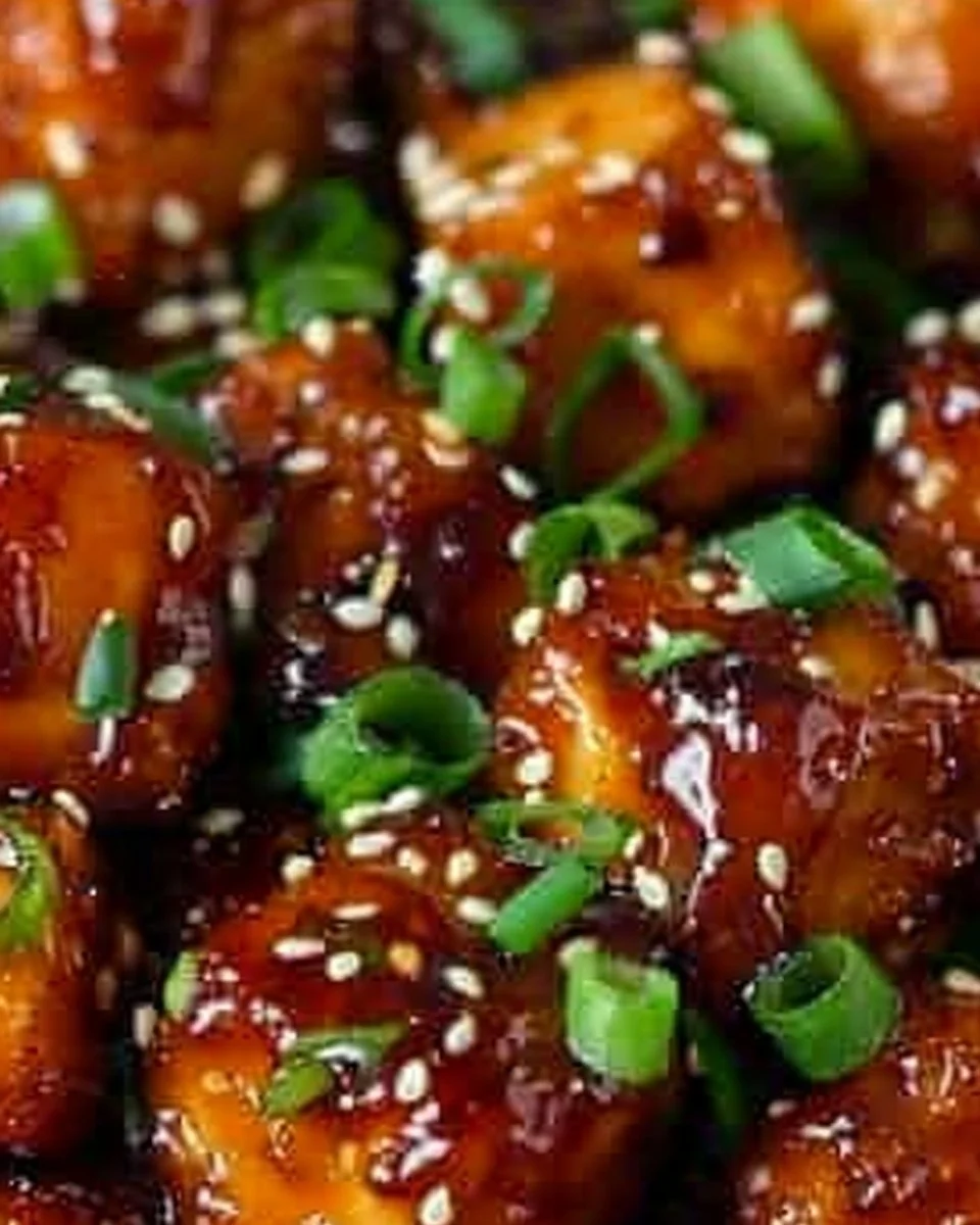 Plate of crispy honey garlic tofu garnished with green onions