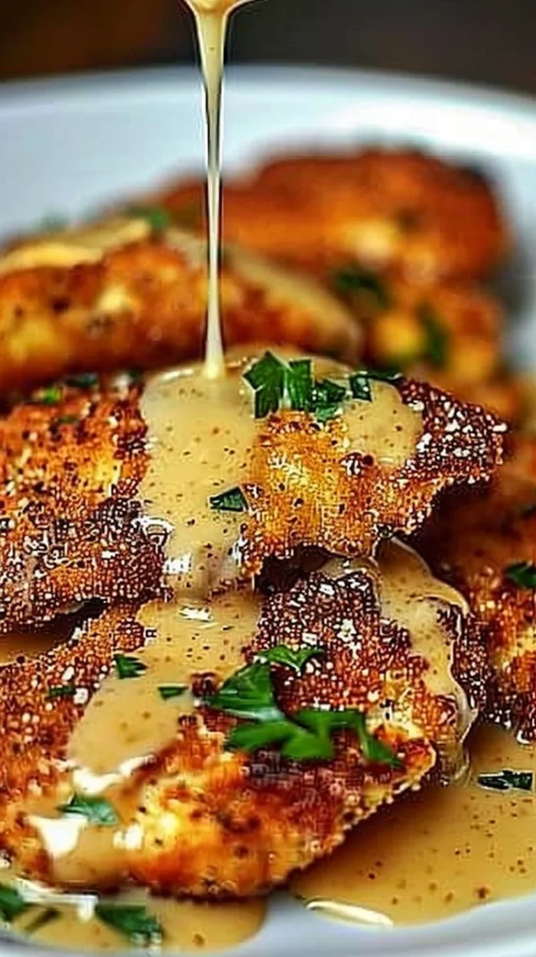 Crispy Parmesan Chicken served with a rich garlic sauce, perfect for dinner.