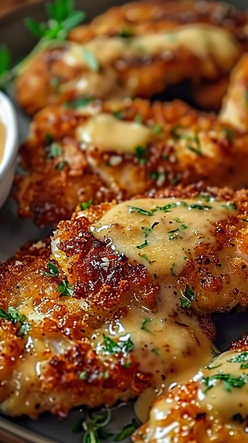 Crispy Parmesan Chicken with a Rich Garlic Sauce - Easy Dinner Idea