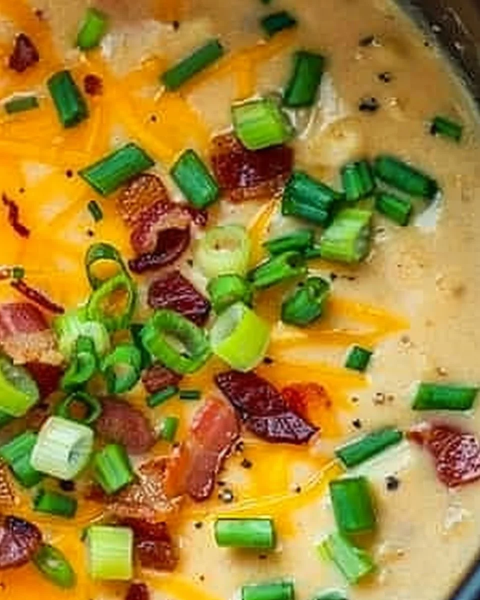 Delicious crockpot potato soup served in a bowl with toppings
