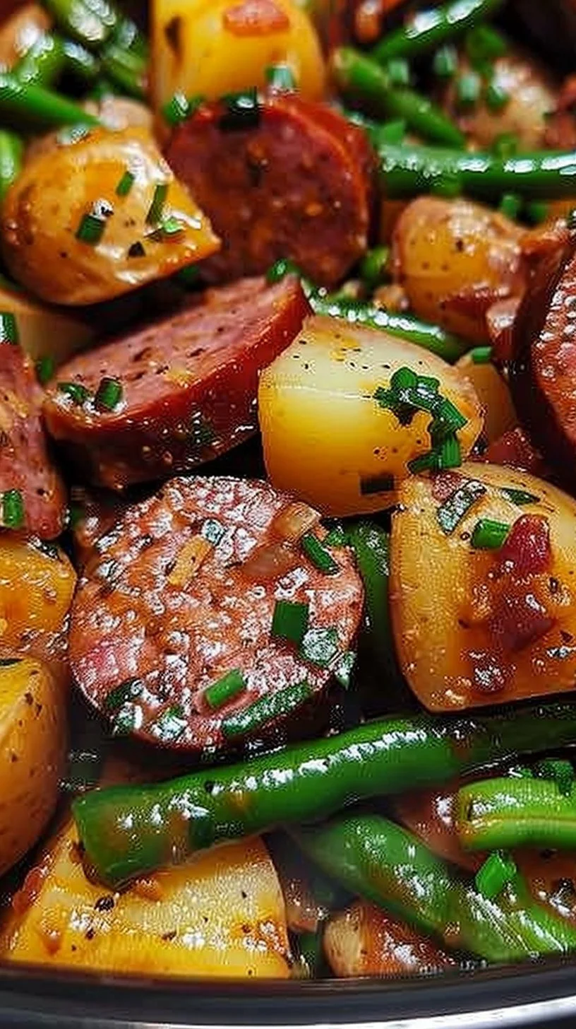 Delicious Crockpot Sausage with Green Beans in a slow cooker