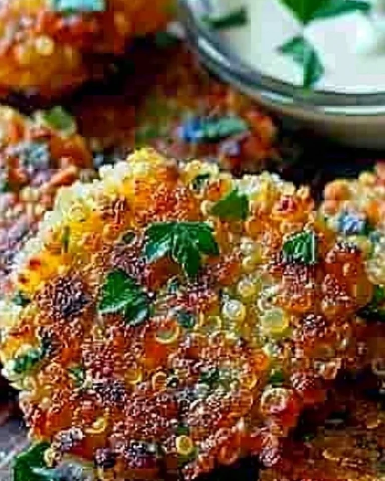 Crunchy quinoa veggie patties served on a plate with fresh garnishes