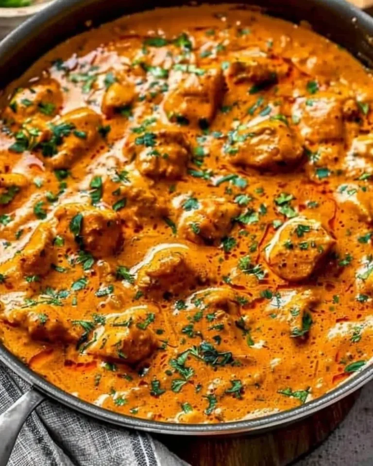 Easy butter chicken in a creamy sauce with spices and herbs served in a bowl