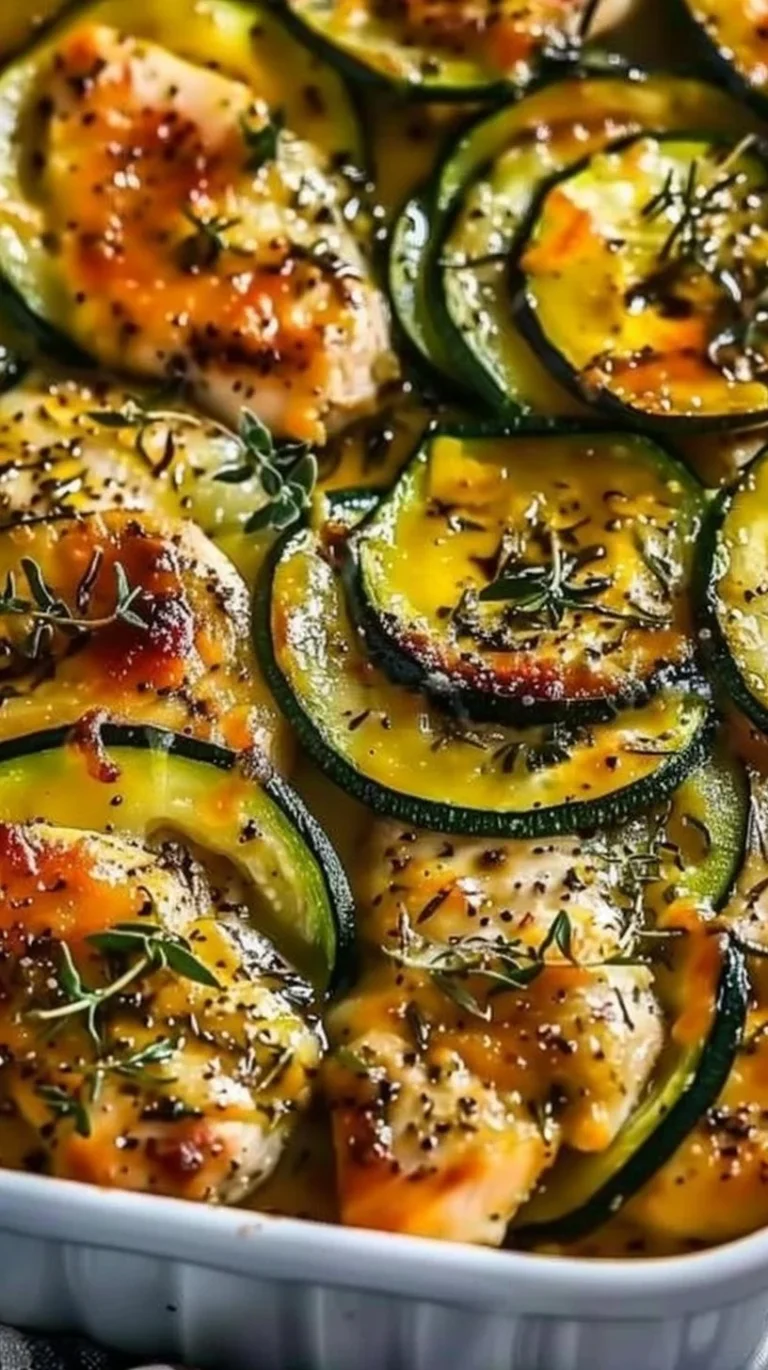 Easy chicken zucchini bake dish with melted cheese and fresh ingredients.