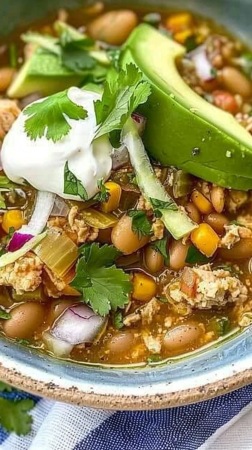 Bowl of easy white bean turkey chili verde topped with fresh cilantro