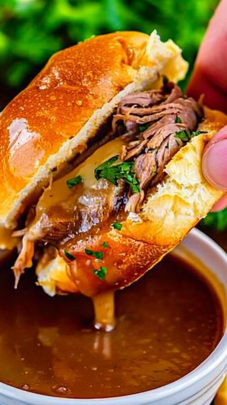 Delicious French Dip Sliders served with au jus for dipping