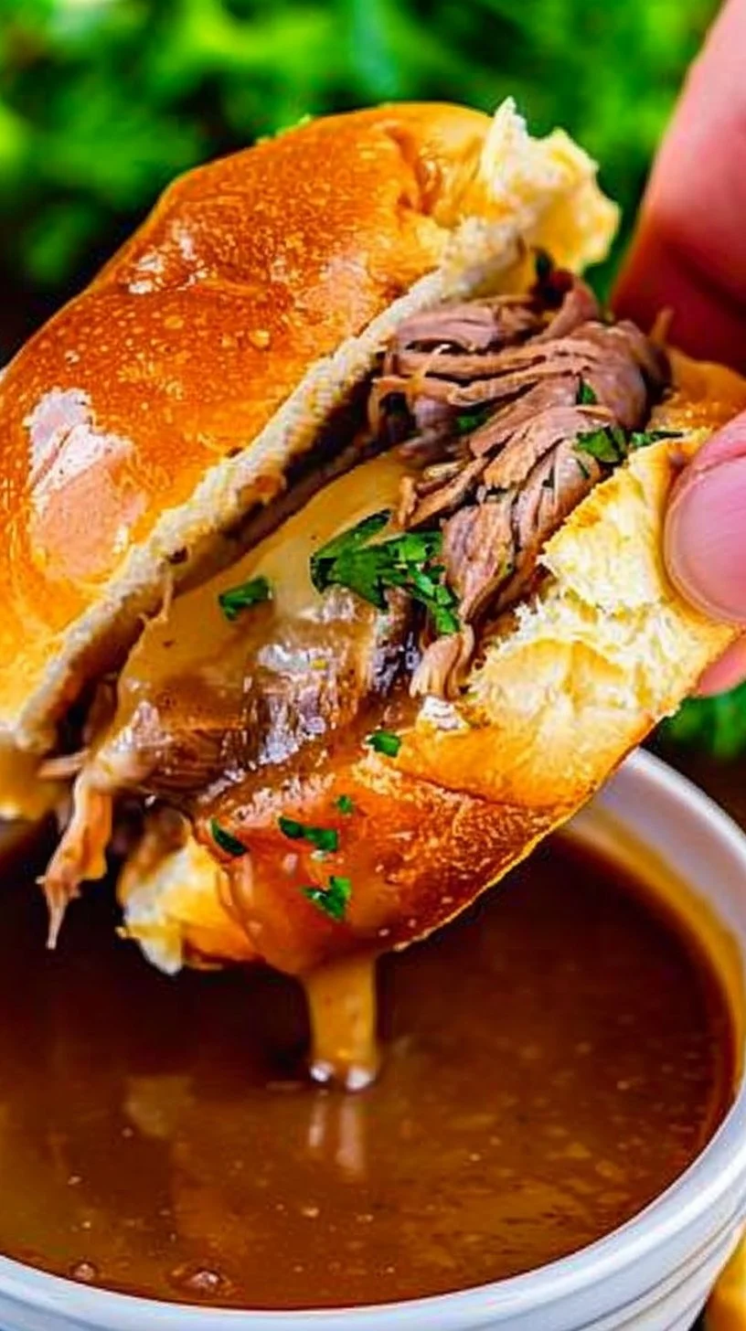 Delicious French Dip Sliders served with au jus for dipping
