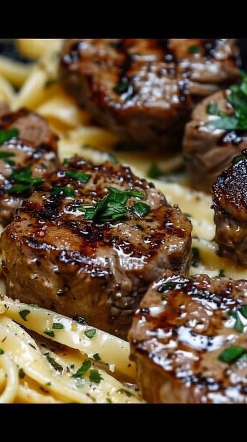 Garlic Butter Steak Bites served with creamy parmesan pasta on a plate.