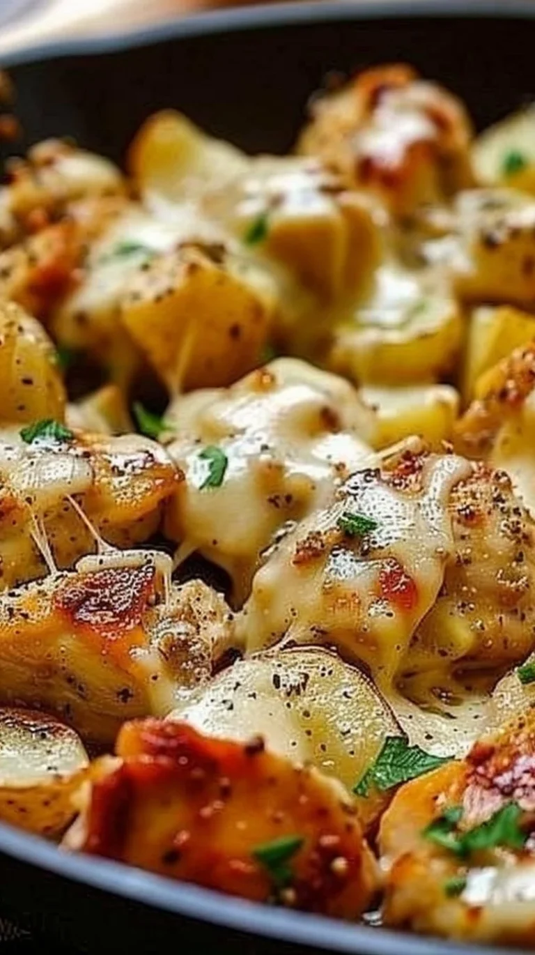 Garlic Parmesan Chicken and Potatoes Skillet dish served in a skillet