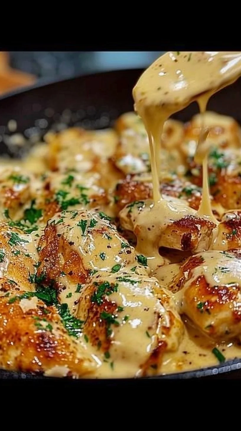 Garlic Parmesan Chicken Skillet with crispy chicken and creamy sauce