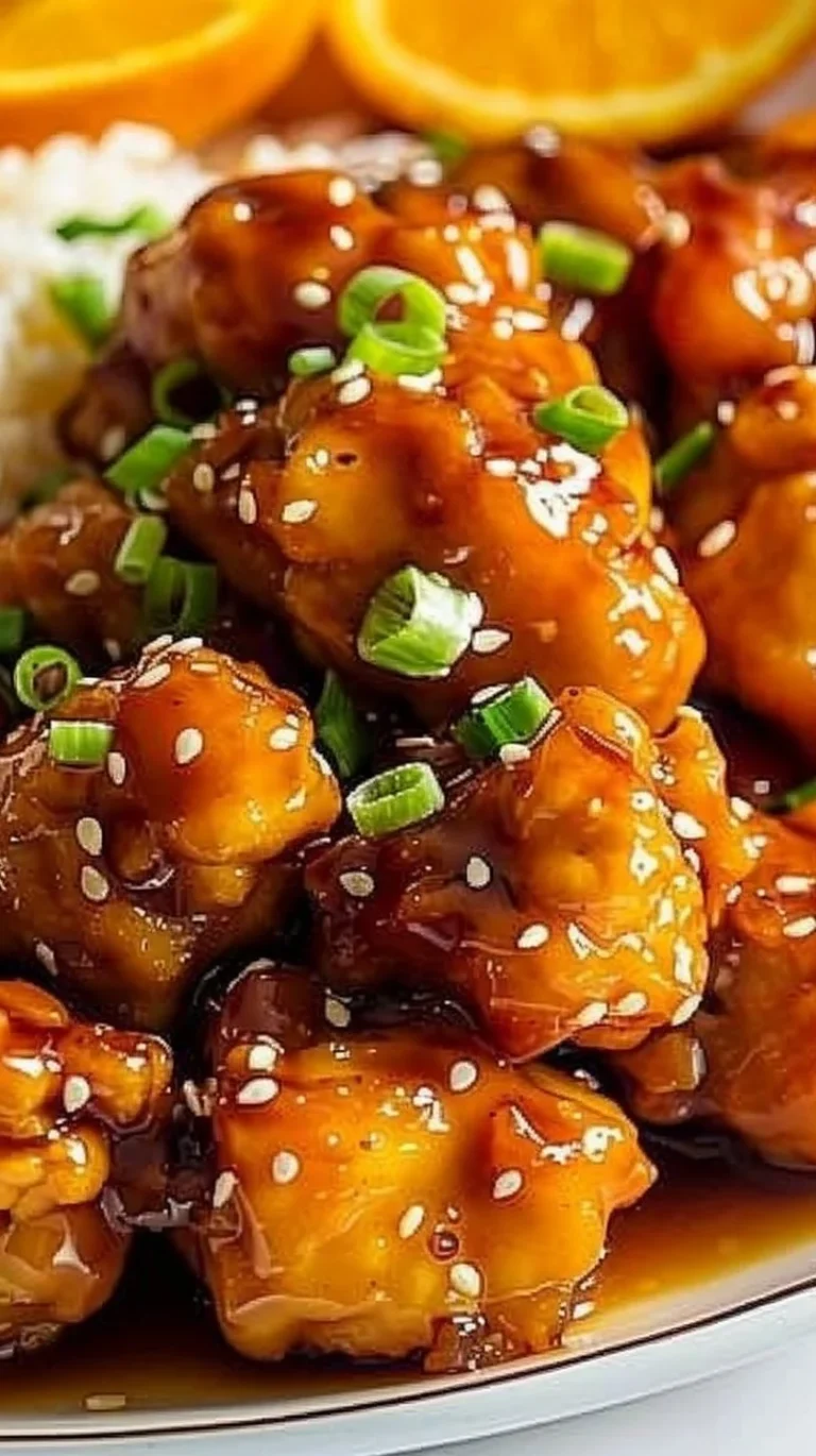 Gluten-free orange chicken served with steamed rice and vegetables