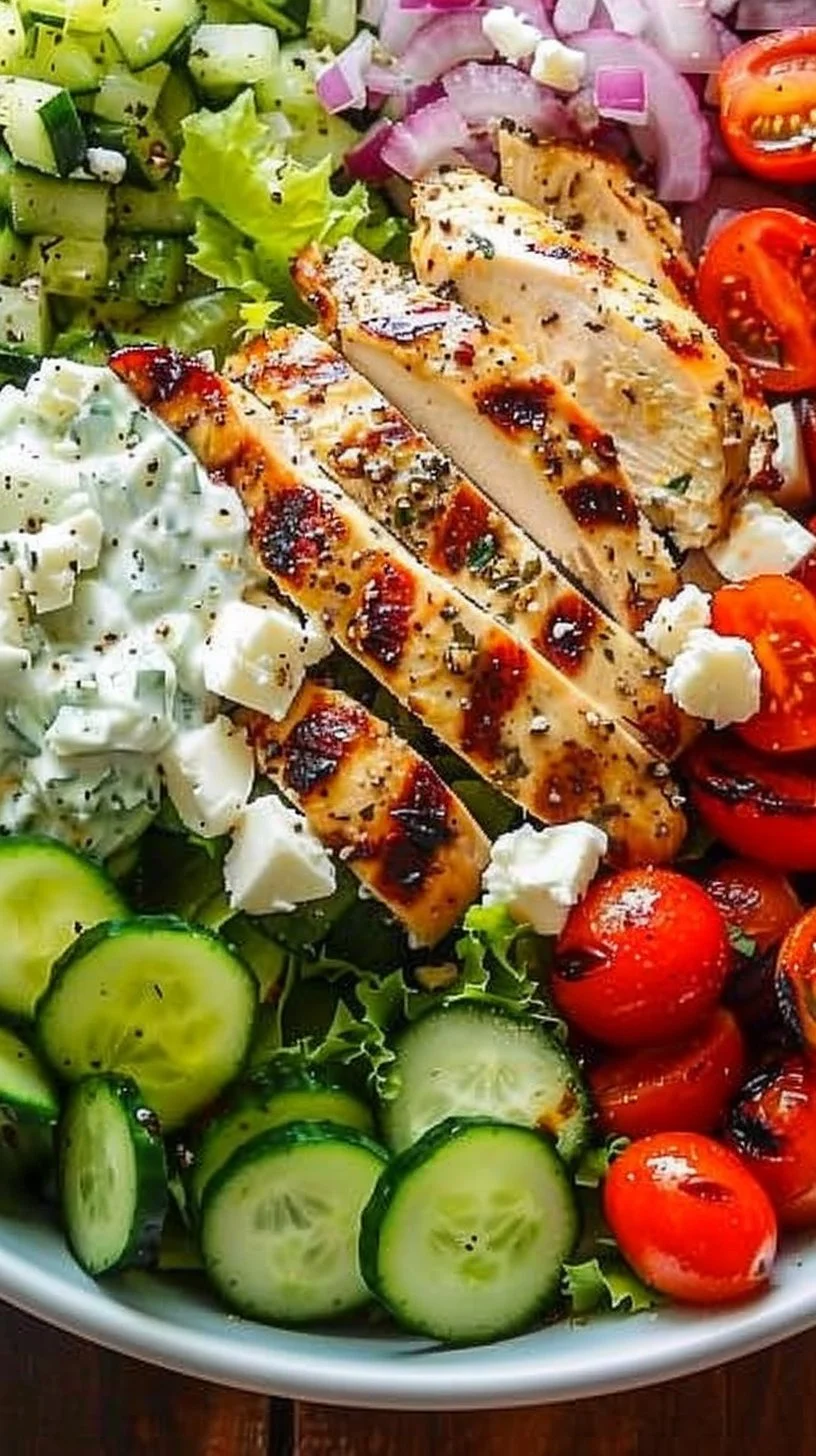 Greek Chicken Bowl with fresh vegetables and savory dressing