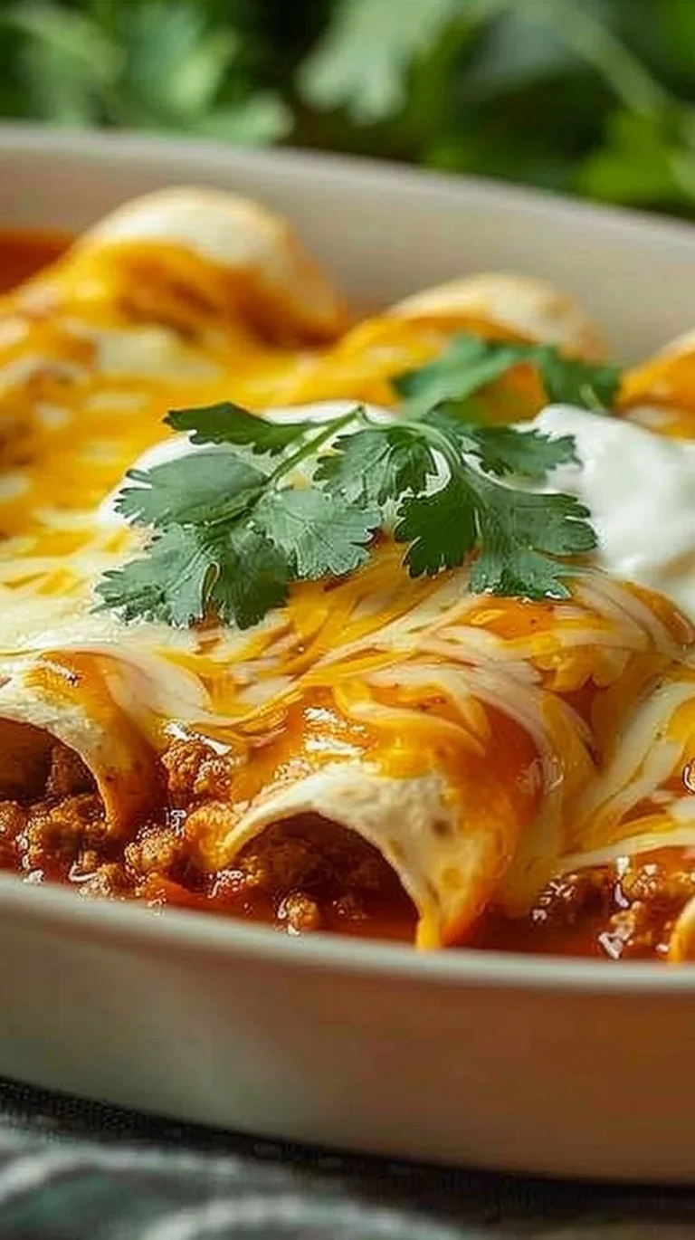 Ground beef enchiladas topped with cheese and sauce on a plate