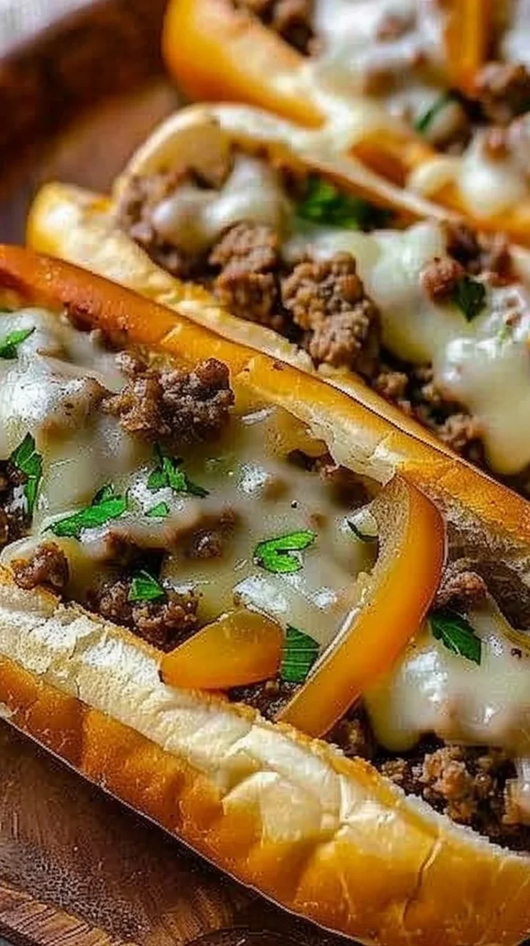 Delicious Ground Beef Philly Cheesesteaks topped with melted cheese and peppers