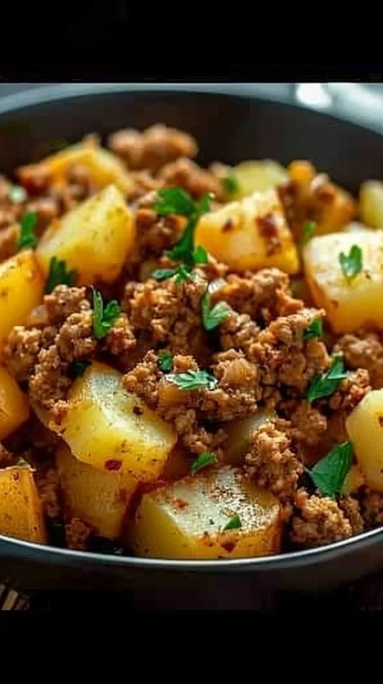 Ground turkey with potatoes cooked in a flavorful mix for a hearty meal.