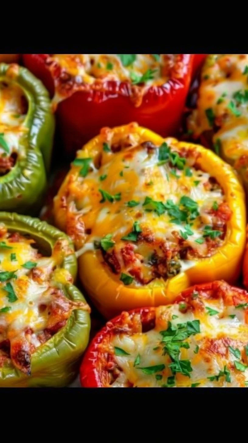 Delicious healthy stuffed bell peppers filled with colorful vegetables and grains