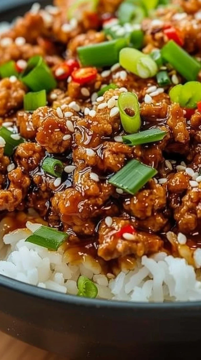 Honey Garlic Ground Turkey dish garnished with green onions