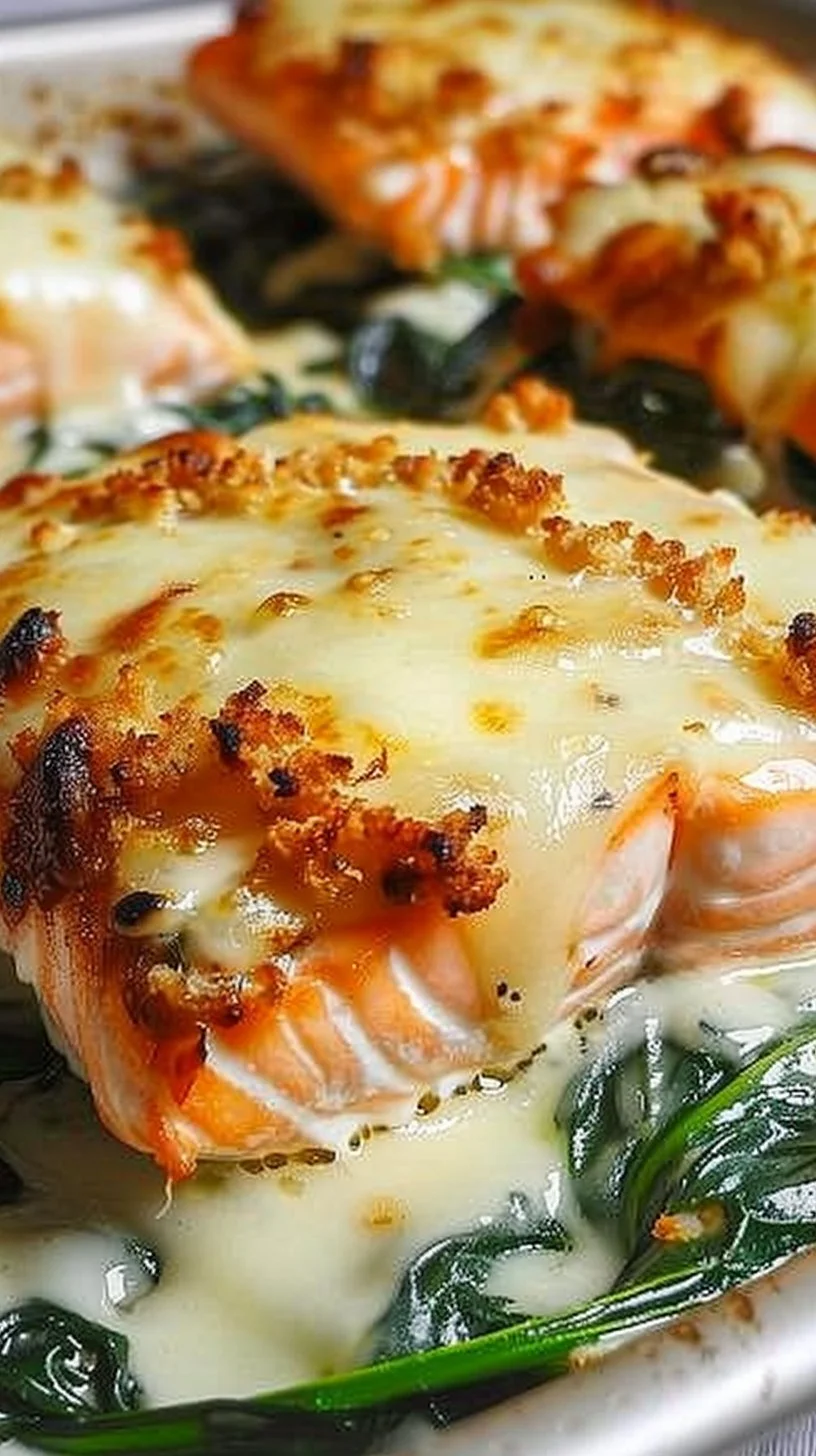 Irresistible baked salmon dish with spinach and mozzarella, garnished and ready to serve.