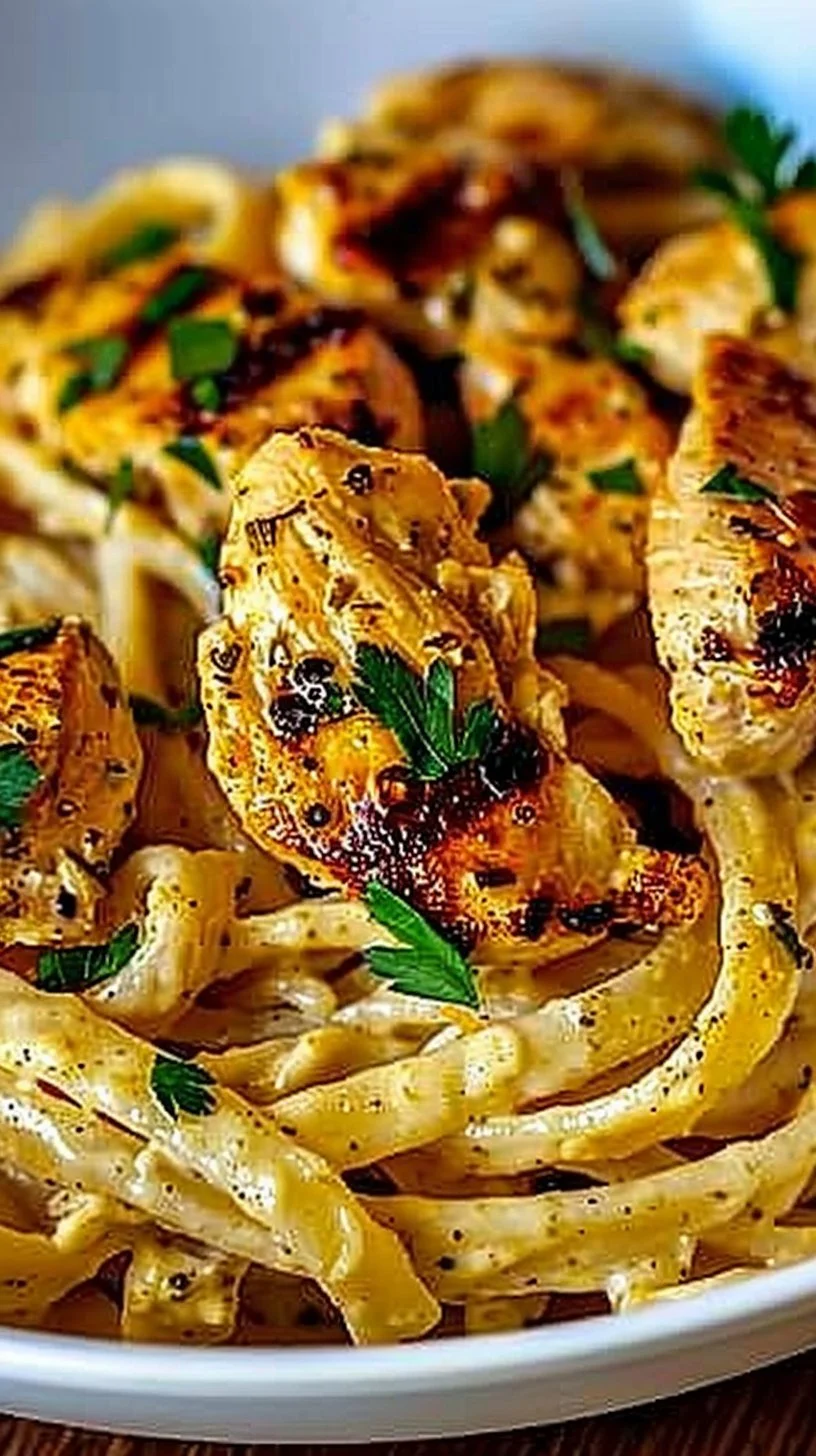 Easy Cowboy Butter Chicken Linguine served on a plate with garnishes