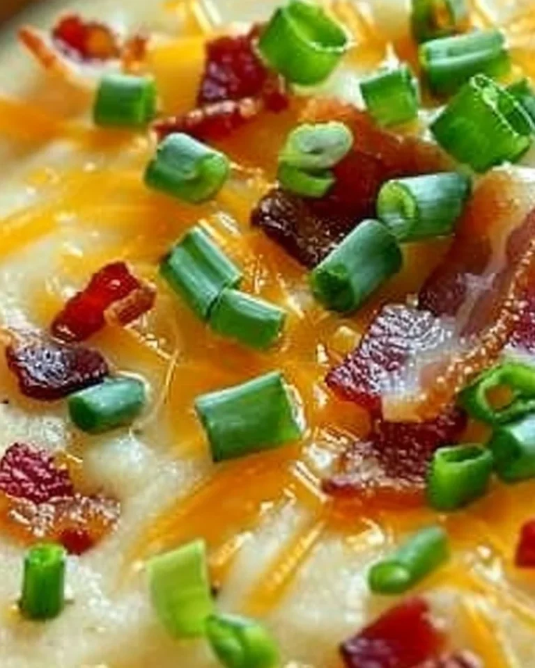 Bowl of delicious Loaded Potato Soup with toppings of cheese and bacon.