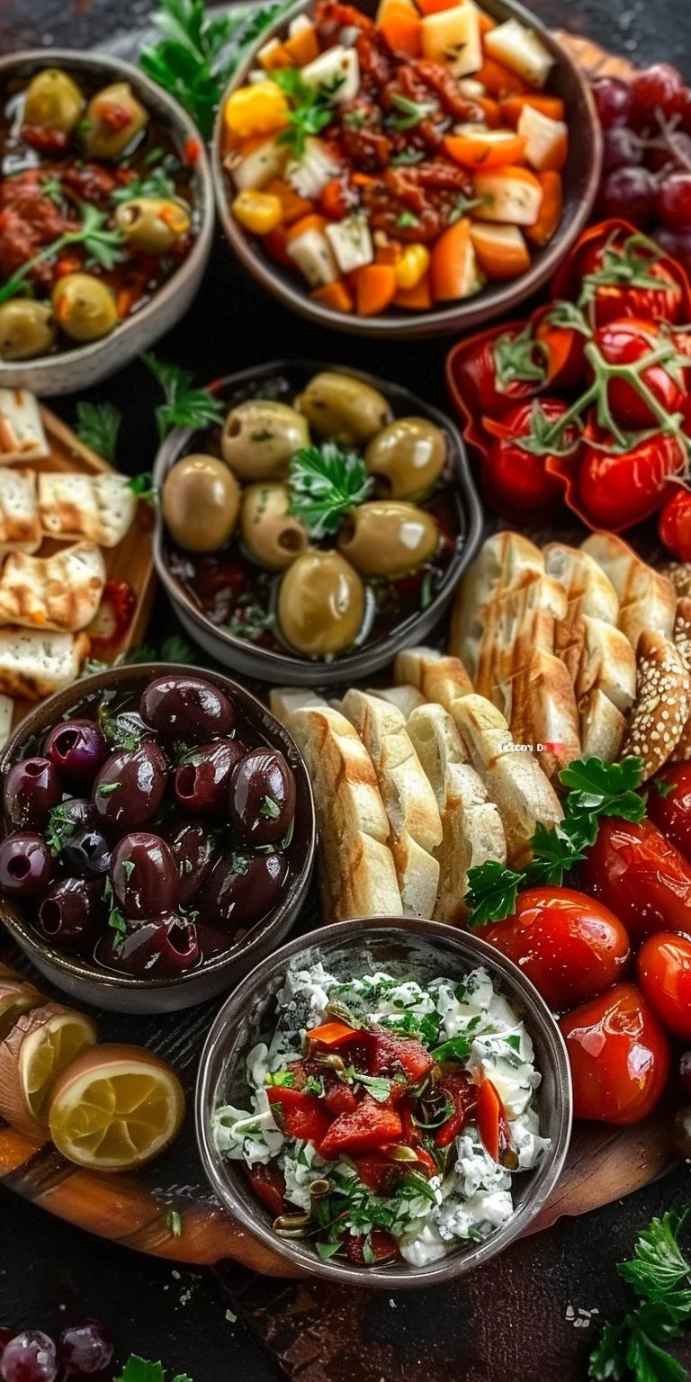 Mediterranean mezze tapas platter featuring hummus, olives, and pita bread.