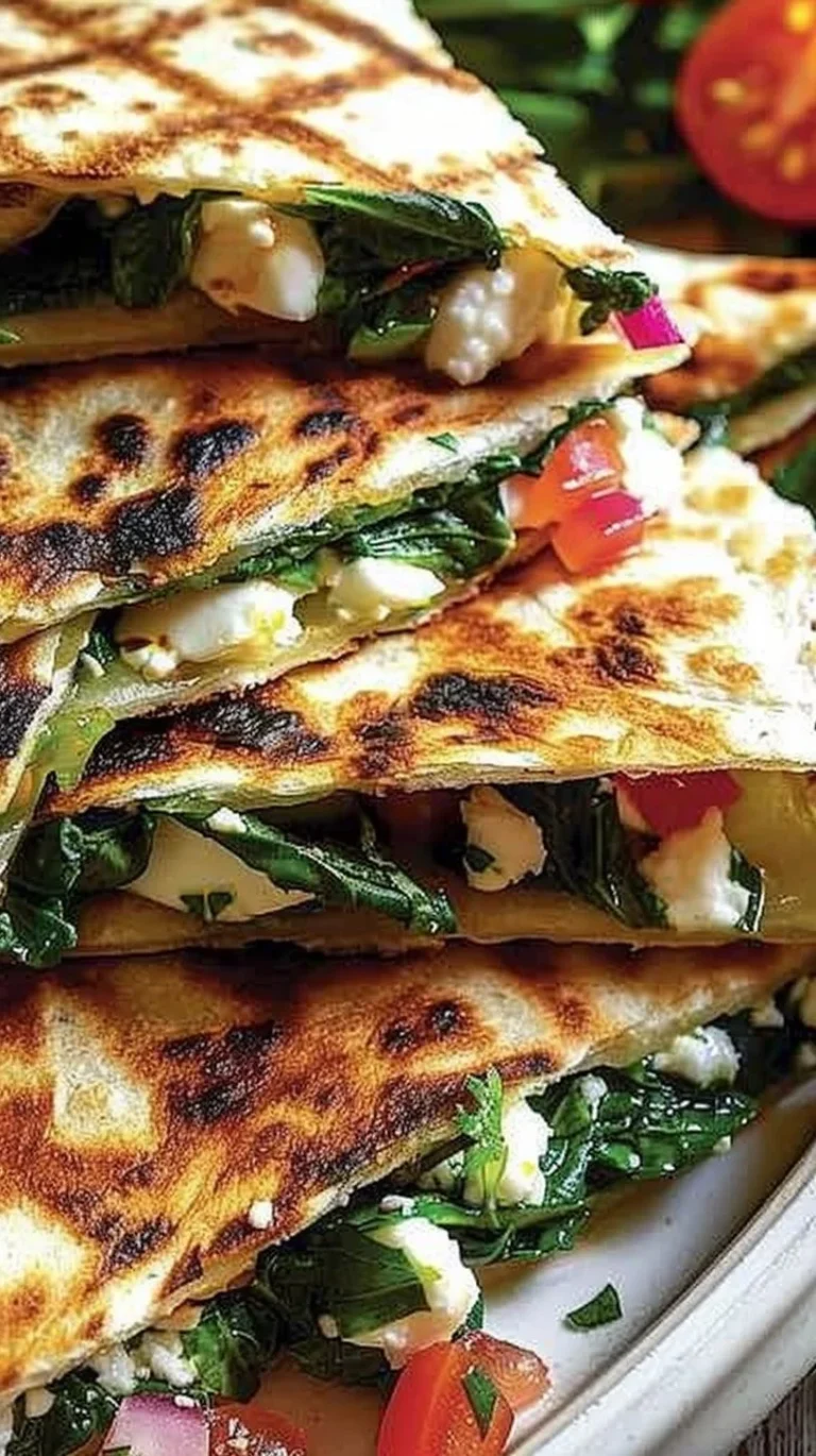 Mediterranean Quesadillas with spinach, feta, mozzarella, and red onion on a plate