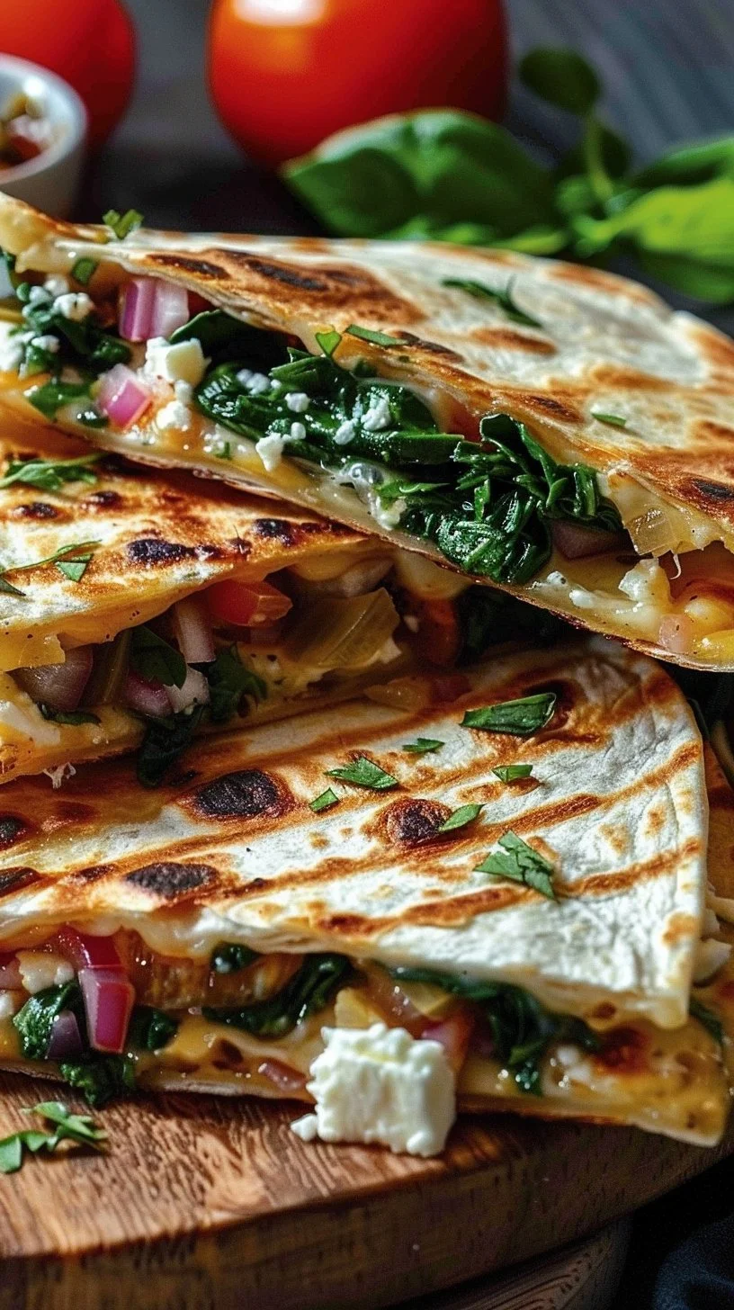 Mediterranean Quesadillas with Spinach, Feta, Mozzarella, and Red Onion