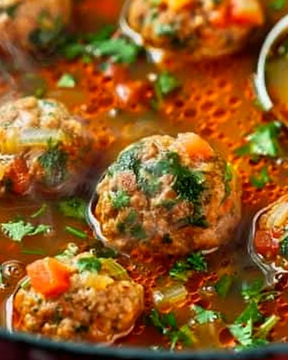 Bowl of delicious Mexican Meatball Soup with fresh ingredients and herbs