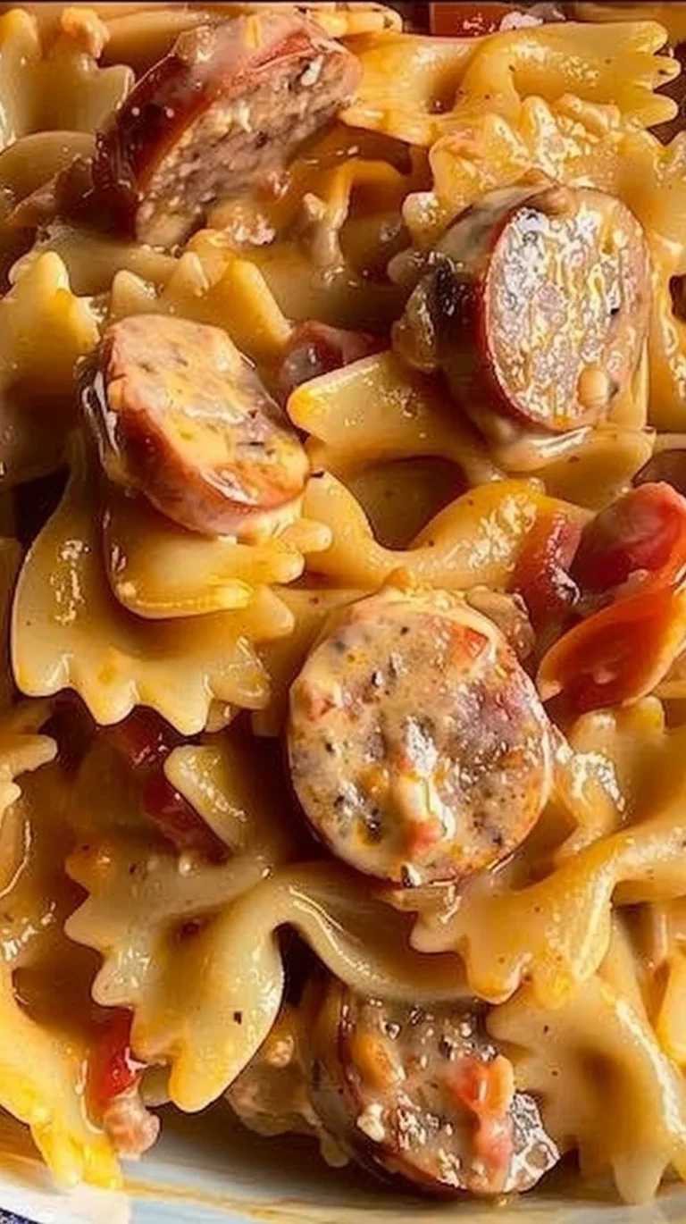 Creamy Cajun Sausage Pasta in a one pot dish, garnished with parsley.