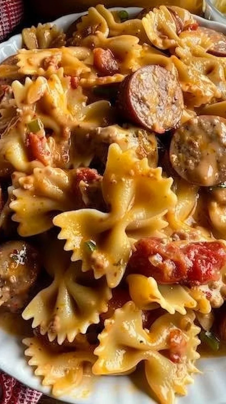 One Pot Creamy Cajun Sausage Pasta with sausage, spices, and creamy sauce.