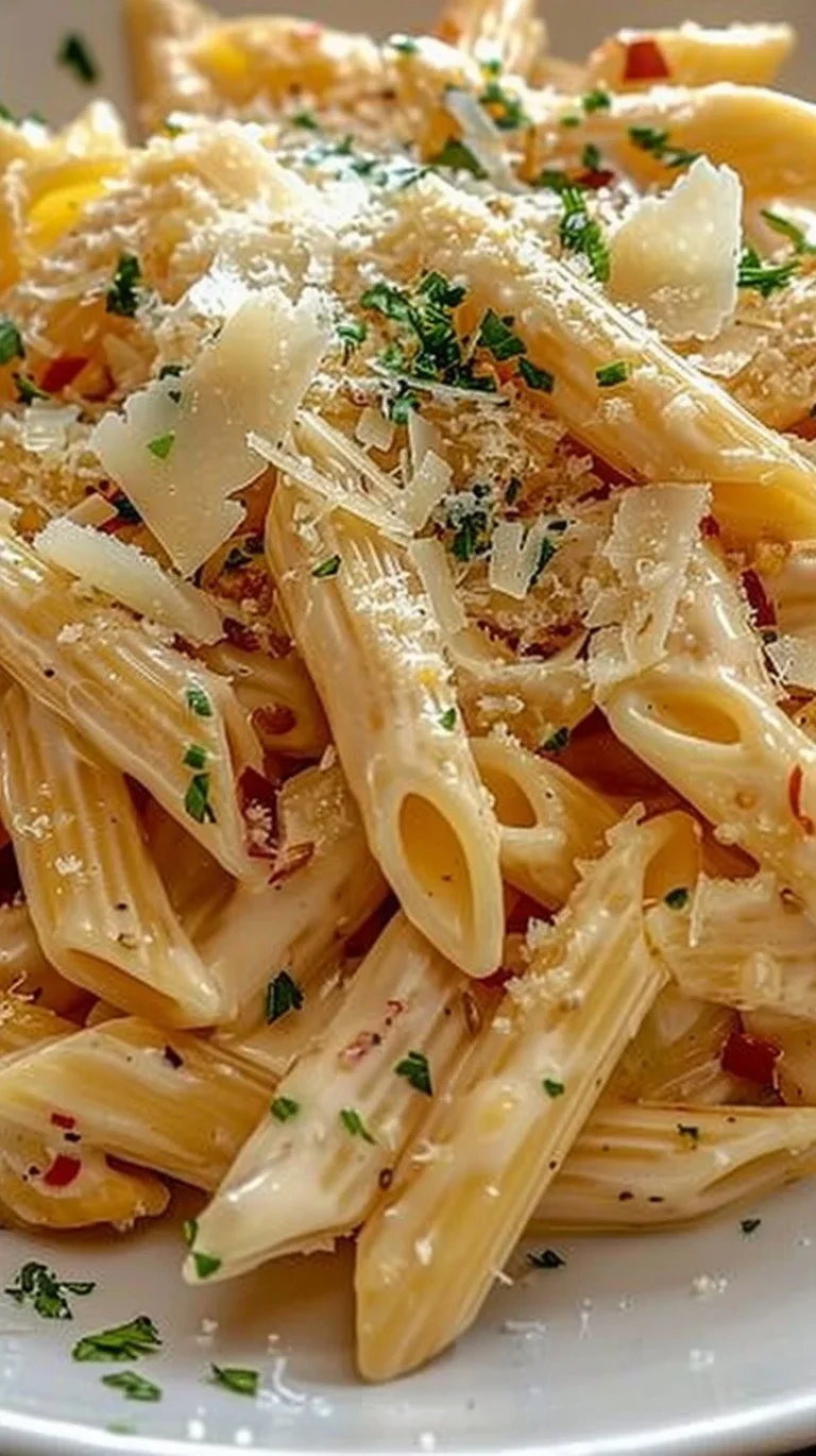 One Pot Creamy Garlic Pasta served in a bowl with herbs and garlic garnish.
