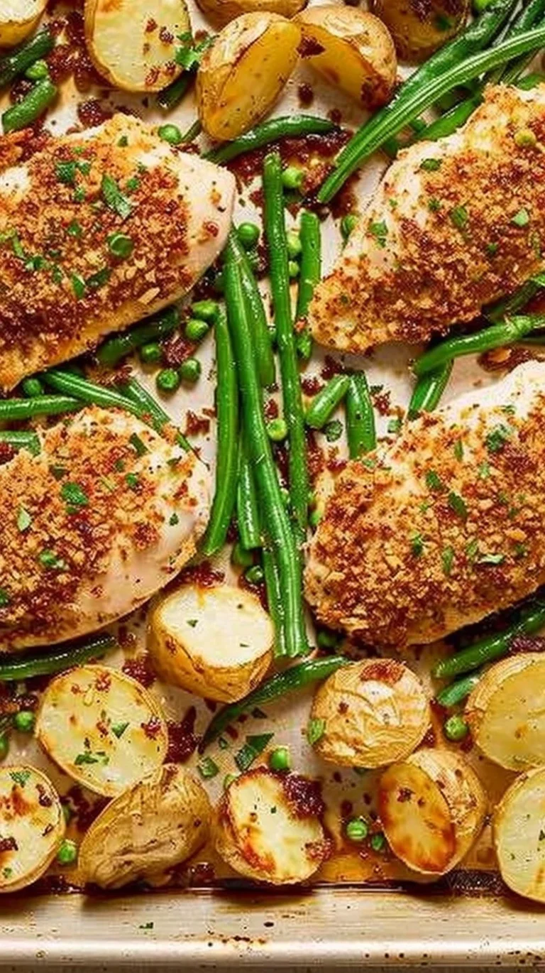Delicious Parmesan Crusted Chicken on a sheet pan with vegetables.