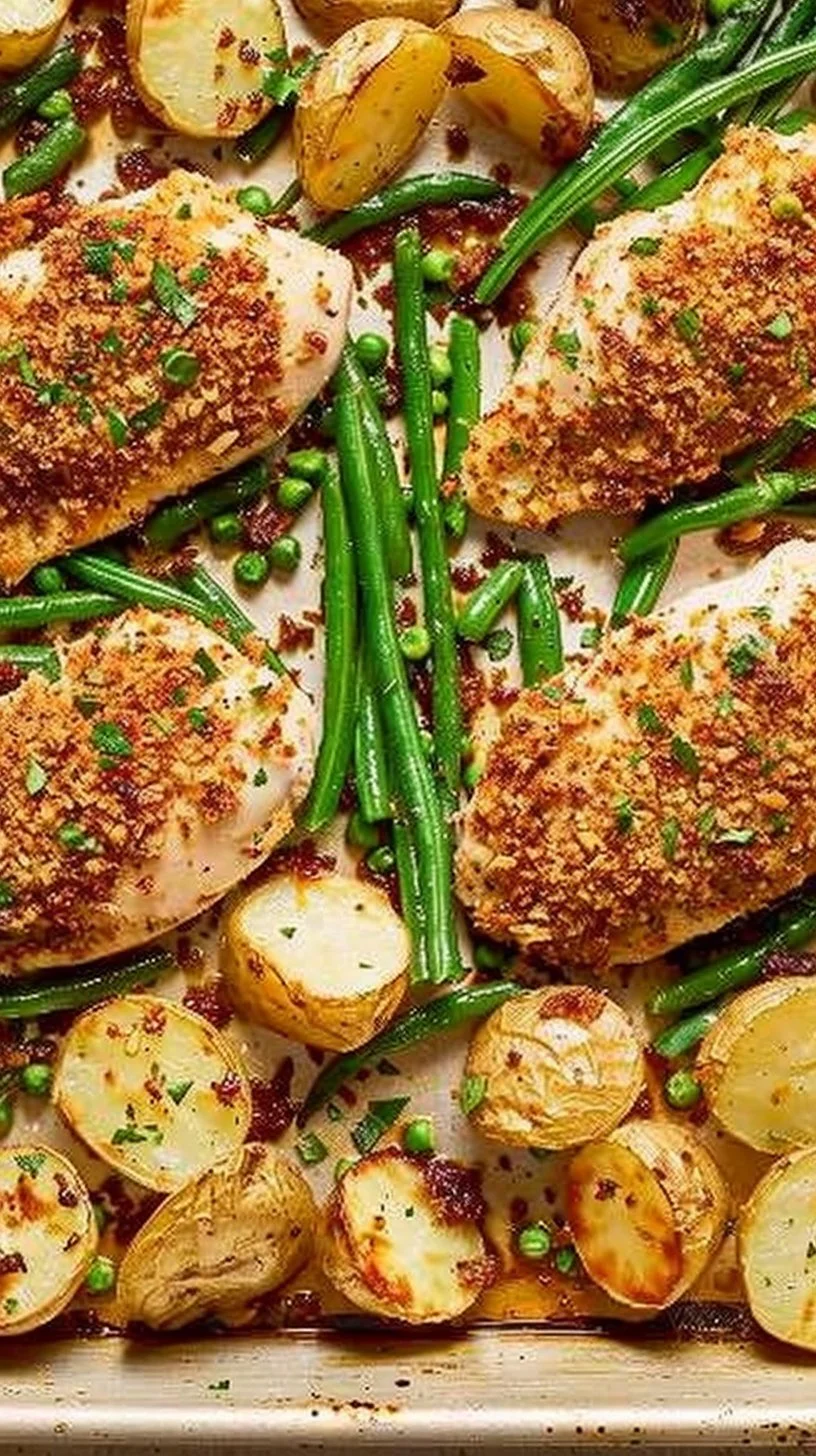 Delicious Parmesan Crusted Chicken on a sheet pan with vegetables.