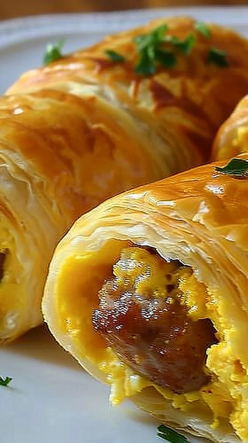Sausage egg breakfast roll-ups on a plate ready to eat