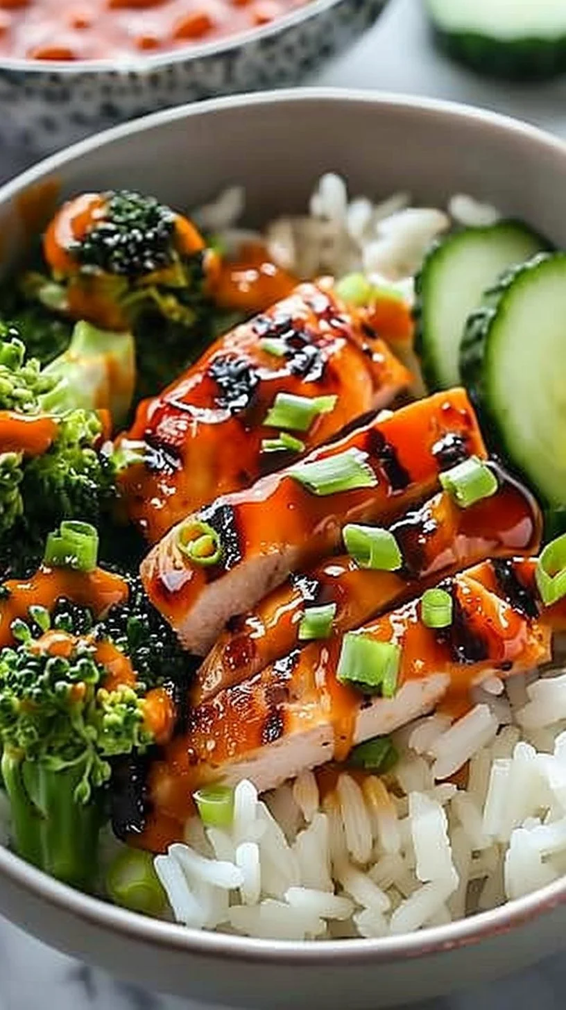 Delicious sticky chicken bowls with fresh vegetables and rice