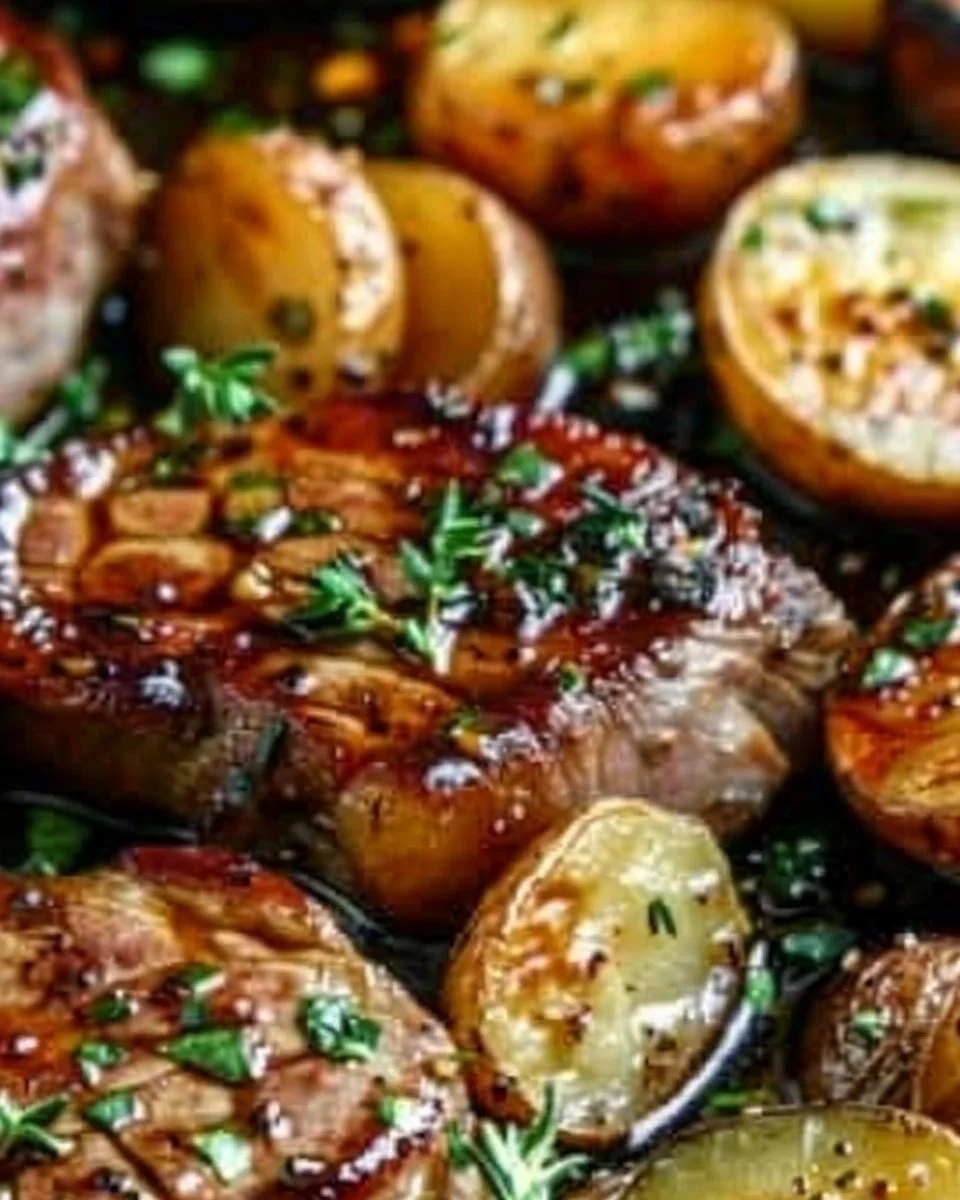 Sheet pan meal featuring juicy pork chops and seasoned potatoes